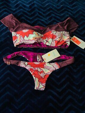 Maaji Brown Pink Orange Floral Reversible Bikini Set size L